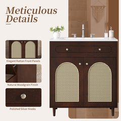 30" Bathroom Vanity with Ceramic Sink, Solid Wood Frame Bathroom Sink Cabinet with Adjustable Shelf, Tip-Drawer, Rattan Front Panels
