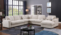 Chiara 141.5"W Beige Chenille Fabric Corner Sectional Sofa with Right-Facing Chaise, Cupholders, and Charging Ports