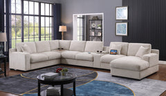 Chiara 141.5"W Beige Chenille Fabric Corner Sectional Sofa with Right-Facing Chaise, Cupholders, and Charging Ports