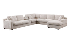 Chiara 141.5"W Beige Chenille Fabric Corner Sectional Sofa with Right-Facing Chaise, Cupholders, and Charging Ports