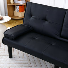 The 67-inch black PVC multi-functional sofa bed with a foldable and cup holder design makes it extremely convenient to turn the living room into a guest room