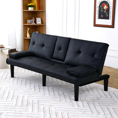 The 67-inch black PVC multi-functional sofa bed with a foldable and cup holder design makes it extremely convenient to turn the living room into a guest room