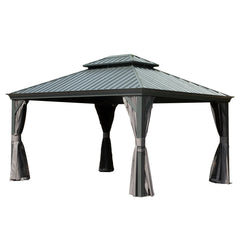 10' X 14' Hardtop Gazebo Permanent Outdoor Gazebo with Galvanized Steel Double Roof, Aluminum Frame, Curtains and Netting for Patio Lawn and Garden, Gray