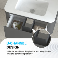 30" Grey Wall Mounted Bathroom Vanity with Basin Floating Vanity Drawer Bathroom Cabinet with White Ceramic Integrated Basin