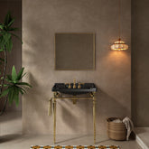 VICI 28" Bathroom Console Sink, Wall-Mounted Black Ceramic Vanity Basin with 3 Pre-drilled Faucet Holes, Freestanding Stainless Steel Support Legs with Towel Bar, No Faucet & Sink Cover, Gold Color