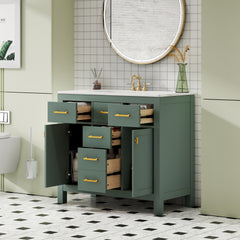 36'' Bathroom Vanity with Ceramic Sink Combo Set, Modern Freestanding Single Bathroom Cabinet with 4 Drawers & 2 Cabinets,Storage Cabinet for Bathroom, Solid Wood Frame Vanity Set, Green