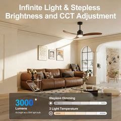 52" Ceiling Fan with Dimmable LED Light Remote Control,Quiet DC Motor 6 Speed Levels,Adjust Height( 3 PCS Rod) Reversible Ceiling Fan, for Patio Living Room, Bedroom, Office,Indoor.(Matte Black +Wood)