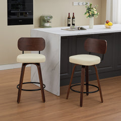 Swivel Bar Stools Set of 2, 26" Upholstered Faux Leather Counter Height Barstools with Walnut Back & Bentwood Legs, Mid Century Modern Bar Chairs Island Stools for Kitchen Counter, Beige PU, SW1864BG