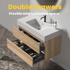 Grace 36" Rough Oak+Rough Oak Bathroom Vanity with White Engineered Quartz Sink and Soft Drawers, Wall Mounted Floating Bathroom Vanity for Modern Bathroom, without drainage and faucet, KD