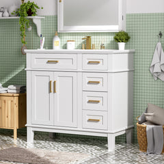 36" White Modern Bathroom Vanity with Ceramic Sink,,Soft-Close Door,and 4 Storage Drawers, offering a refined look with practical everyday functionality.