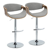 Curvo Mid-Century Modern Adjustable Barstool with Swivel in Chrome Metal, Walnut Wood and Light Grey Fabric with Rounded T Footrest by LumiSource - Set of 2