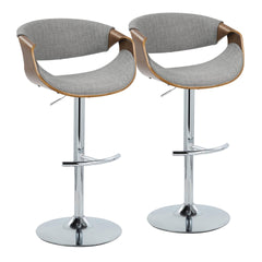 Curvo Mid-Century Modern Adjustable Barstool with Swivel in Chrome Metal, Walnut Wood and Light Grey Fabric with Rounded T Footrest by LumiSource - Set of 2
