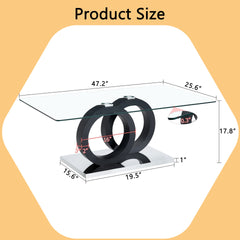 Modern Style Glass Top MDF Coffee Table with Black Base, Suitable for Living Rooms and Lounge Areas, with Product Dimensions of 47.2*25.6*17.8Inches.
