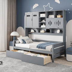 Twin Size Wooden Daybed With 2 Drawers, and All-in-One Cabinet and Shelf, Gray