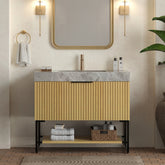 YOLAN 36" Bathroom Vanity&Sink, Freestanding Striped Plywood Storage Cabinet with Drawer&Open Shelf, Light Gray Sintered Stone Top&Undermount Ceramic Basin, Pre-assembled, Corolla Oak Woodgrain Color