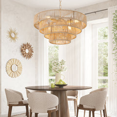 20" Modern 4-Layer Woven Hemp Rope Chandelier, Boho Style Pendant Light, Elegant Hanging Light Fixture for Living Room, Dining Room, Bedroom (No Bulbs)