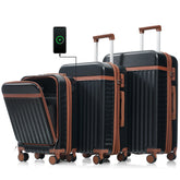 Luggage Set of 3, 20inch with USB Port, front opening design Airline Certified Carry on Luggage, ABS Hard Shell Luggage with Spinner Wheels,Black
