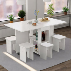 Folding Drop Leaf Dining Table Set for 4 with 4 Chairs, Space Saving Foldable Dining Table with Storage and 6 Wheels, 47.2 inch D x 23.6 inch W x 30.3 inch H, White