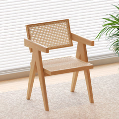 Modern Mid Century Dining Chair, Rattan Accent Chairs, Comfy Armchairs, Outdoor Wood Chairs with Armrest for Bedroom Living Room Reading Room Dining Kitchen, Wood