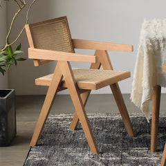 Modern Mid Century Dining Chair, Rattan Accent Chairs, Comfy Armchairs, Outdoor Wood Chairs with Armrest for Bedroom Living Room Reading Room Dining Kitchen, Wood