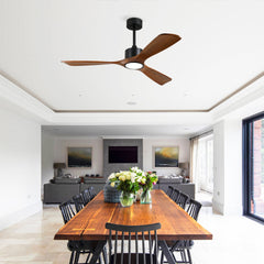 52 Inch 3 Rod Solid Wood Ceiling Fan With Light Kit Dimmable LED, DC 6 Speed ,Remote Control Ceiling Fan for Patio Living Room, Bedroom, Office,Indoor.(Matte Black +Wood)