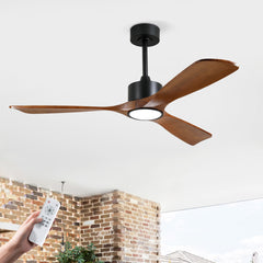 52 Inch 3 Rod Solid Wood Ceiling Fan With Light Kit Dimmable LED, DC 6 Speed ,Remote Control Ceiling Fan for Patio Living Room, Bedroom, Office,Indoor.(Matte Black +Wood)