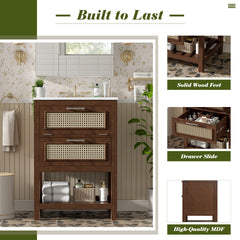 24" Bathroom Vanity with Integrated Ceramic Sink, Bathroom Cabinet with 1 Deep Drawer, 1 Tip-Out Drawer, Single Sink Bathroom Vanity for Small and Medium Restroom