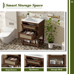 24" Bathroom Vanity with Integrated Ceramic Sink, Bathroom Cabinet with 1 Deep Drawer, 1 Tip-Out Drawer, Single Sink Bathroom Vanity for Small and Medium Restroom