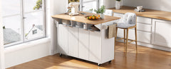K&K 55.5" Fluted Kitchen Island with 2 Drop Leaf, Kitchen Storage Cart with Power Outlet, 4 Doors, Spice rack, Rolling Island Table with Wood-grain Top, Curved Edge for Kitchen, Dining Room,White