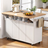 K&K 55.5" Fluted Kitchen Island with 2 Drop Leaf, Kitchen Storage Cart with Power Outlet, 4 Doors, Spice rack, Rolling Island Table with Wood-grain Top, Curved Edge for Kitchen, Dining Room,White