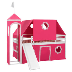 Full Size Loft Bed with Slide Pink Tent and Tower - Pink