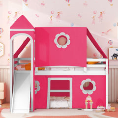 Full Size Loft Bed with Slide Pink Tent and Tower - Pink