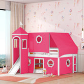 Full Size Loft Bed with Slide Pink Tent and Tower - Pink