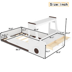 Twin Size Floor Bed with Interesting Car-shape Design, Kids Car Floor Bed with Storage Drawers, Window, and Desk, Childlike Design, White