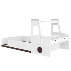 Twin Size Floor Bed with Interesting Car-shape Design, Kids Car Floor Bed with Storage Drawers, Window, and Desk, Childlike Design, White