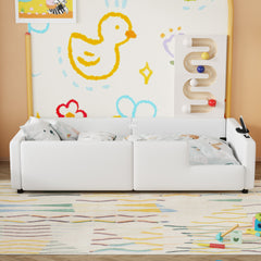 Twin Size Upholstered Platform Bed with Guardrail and Charging Station, White