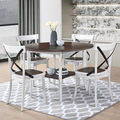 WOODHOMER 5-Piece Round Dining Set, 1 Table with 4 X-Back Chairs, Two-Tone Antique White & Walnut Finish, Space-Saving Kitchen & Dining Furniture
