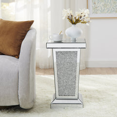Silver Mirrored End Table With Crystal Inlay, Modern Side Table ,Accent Table, Square Small Coffee Table for Living Room, Bedroom,Office, Hallway, Entryway. 13.8"W x 13.8"D x 23.6"H
