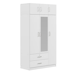 3-Door Mirror Wardrobe with 2 Drawers and Top Cabinet,White