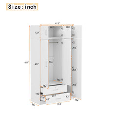 3-Door Mirror Wardrobe with 2 Drawers and Top Cabinet,White