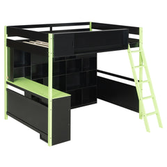 Full Size Wood Loft Bed with Desk, Ample Storage Space and Light, Green