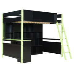 Full Size Wood Loft Bed with Desk, Ample Storage Space and Light, Green