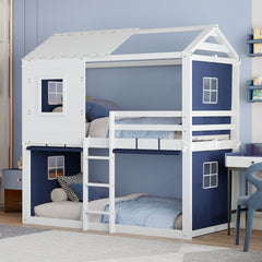 Twin Size Bunk Wood House Bed with Tent, Blue+White