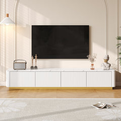 ON-TREND Luxury Fluted TV Stand for TVs Up to 85", Faux Marble Tabletop Media Console with 4 Drawers, Curved Profile Design, Modern Entertainment Center with Gold Base for Living Room, White
