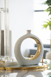 11x3.1x12" Round Vase,White/Gold