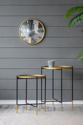 Set of 2 Gold and Black Iron Side Tables with Glass Top, L:D18x23.5" S:D16x20"