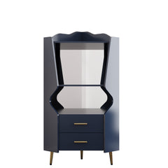 Wooden Corner bar cabinet with 2 open storage shelves and 2 drawers, mirrored back sideboard cabinet, high feet/legs for easy cleaning, buffet cabinet BLUE