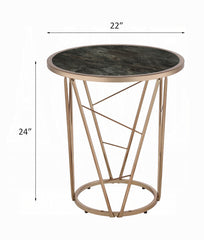 Modern Luxury End Table Round Black and Champagne Finish Living Room Furniture 1pc Faux Marble Tempered Glass Top Cone Base Metal Frame Side Table