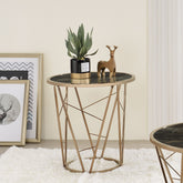Modern Luxury End Table Round Black and Champagne Finish Living Room Furniture 1pc Faux Marble Tempered Glass Top Cone Base Metal Frame Side Table