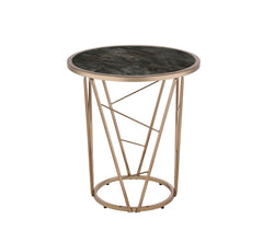 Modern Luxury End Table Round Black and Champagne Finish Living Room Furniture 1pc Faux Marble Tempered Glass Top Cone Base Metal Frame Side Table